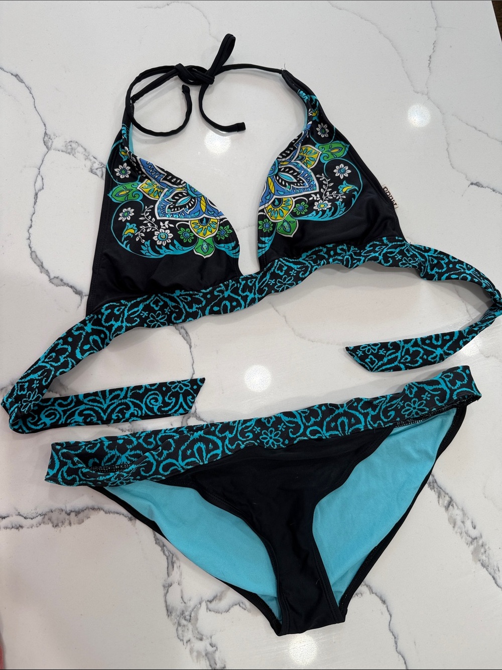 Mudd Black Bikini with Turquoise and Green Floral Trim